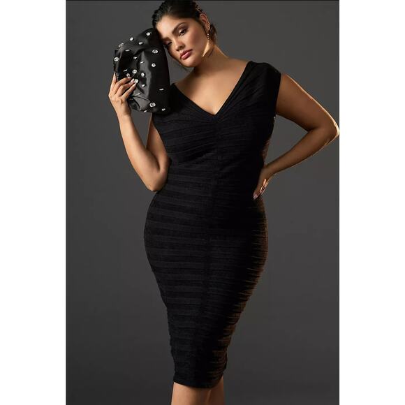 NWT By Anthropologie V-Neck Chenille Midi Dress $248 X-SMALL Black - Picture 1 of 7